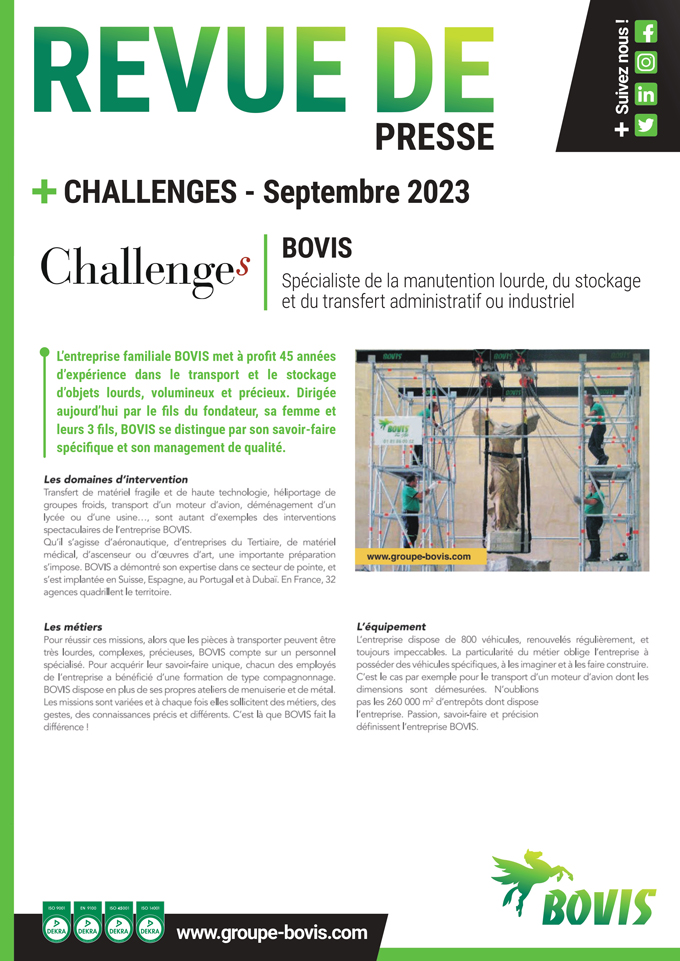 Article dans Challenges consacré au Groupe Bovis