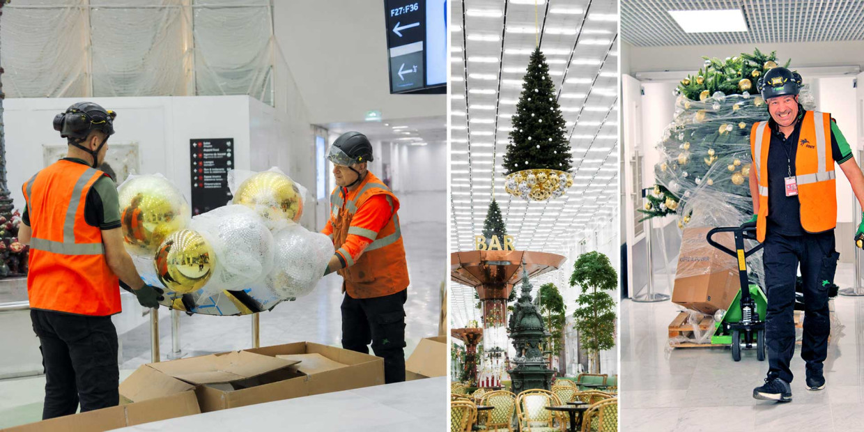 Installation de décorations de Noël dans les aéroports de Paris